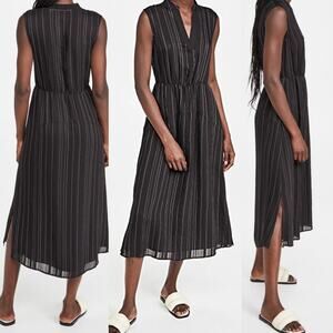 VINCE Draped Pinstripe A-Line Midi Black Dress Striped Coastal Preppy Minimalist